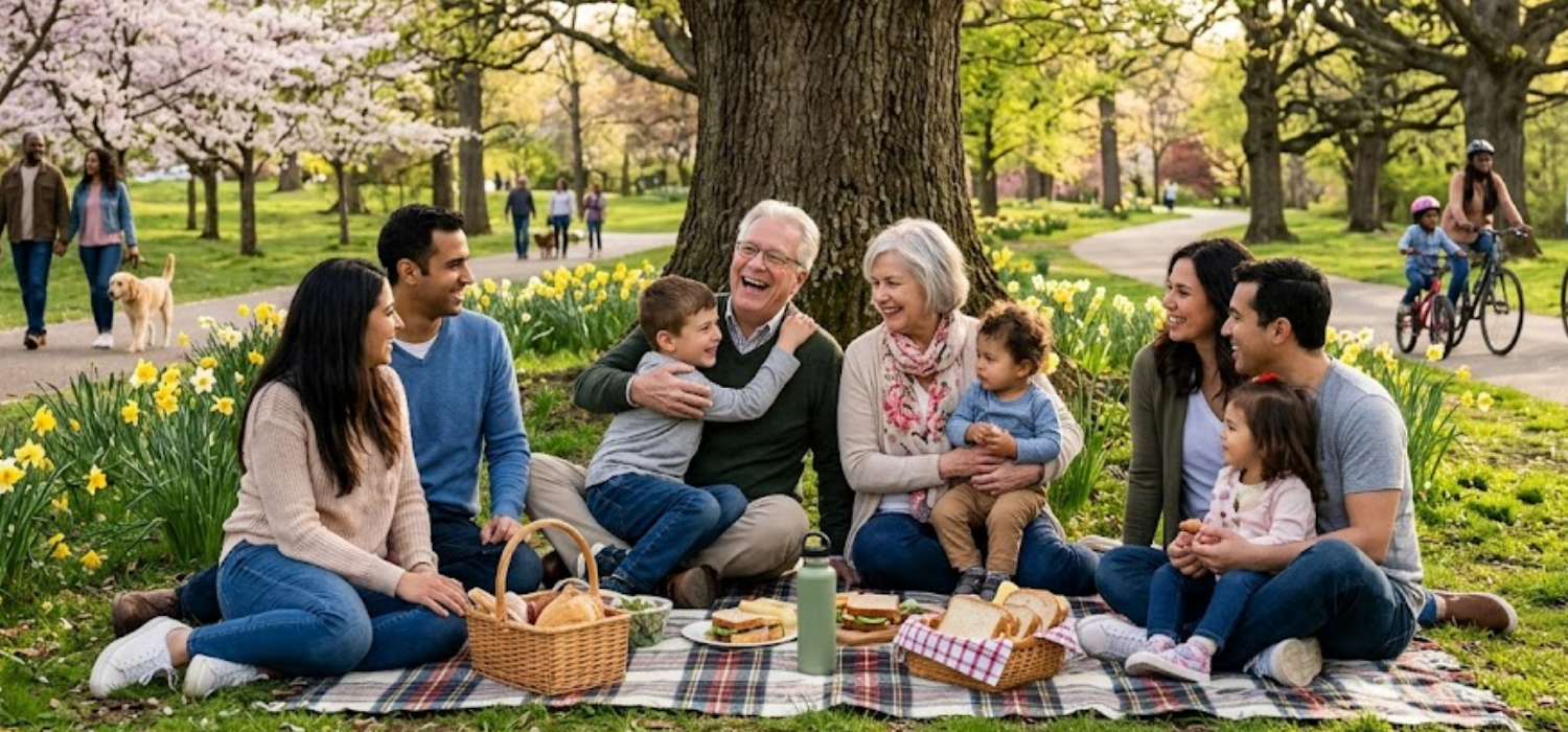 A happy family relaxing in a park, smiling and at peace knowing their final expense insurance has them protected.